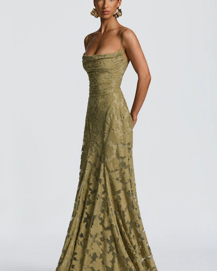 Gold floral lace maxi dress with cowl neck and fitted waist detail