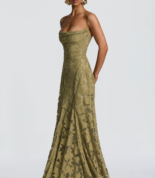 Gold floral lace maxi dress with cowl neck and fitted waist detail