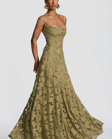 Gold floral lace formal maxi dress with draped cowl neckline