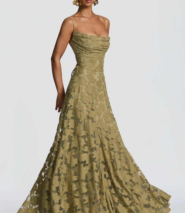 Gold floral lace formal maxi dress with draped cowl neckline