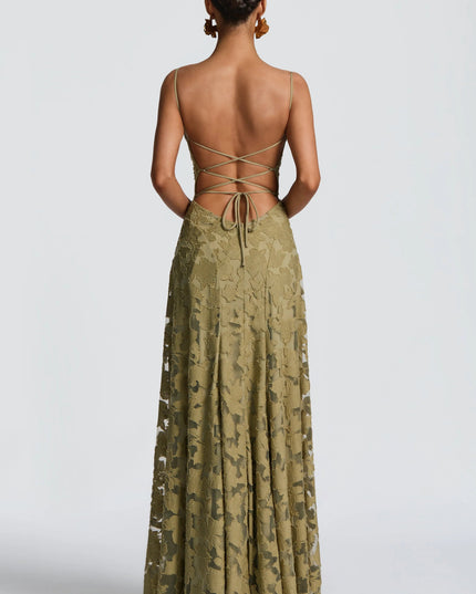 Back view of gold lace maxi dress with lace-up strappy back design