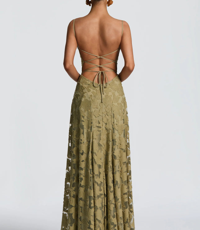 Back view of gold lace maxi dress with lace-up strappy back design