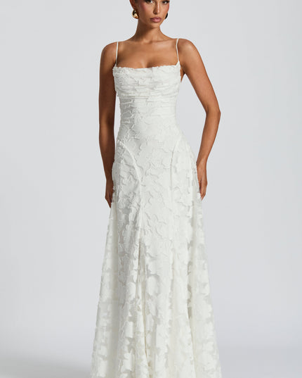 Ivory floral lace maxi dress with cowl neckline and spaghetti straps