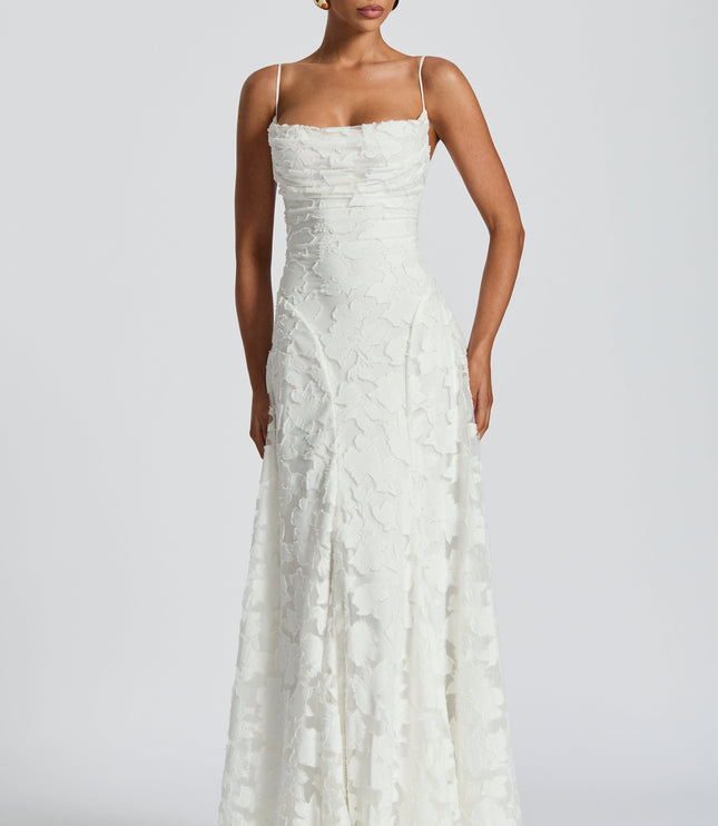 Ivory floral lace maxi dress with cowl neckline and spaghetti straps