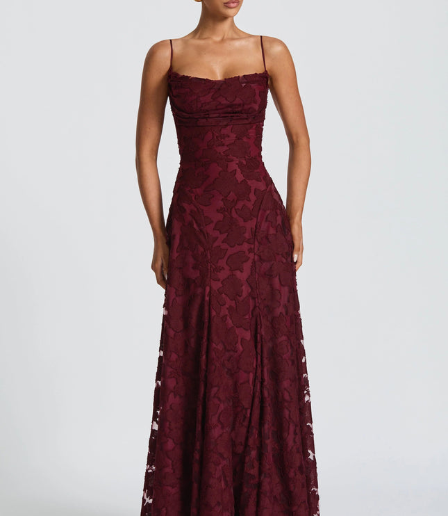 Burgundy floral lace maxi dress with cowl neckline and spaghetti straps
