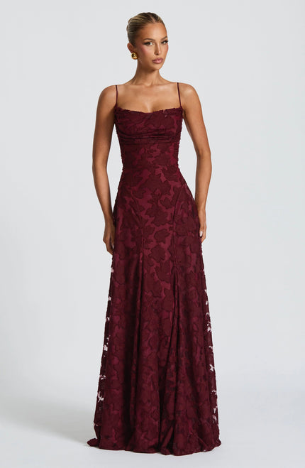 Burgundy floral lace maxi dress with cowl neckline and spaghetti straps
