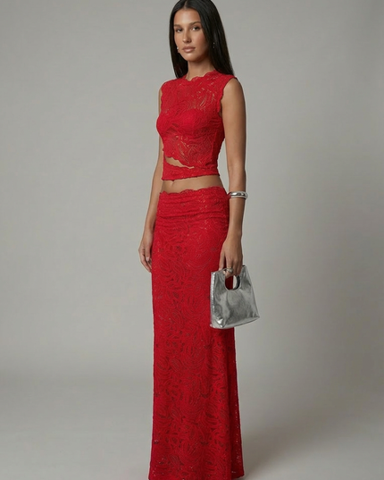Red lace two-piece formal set with cropped tank top and floor-length skirt