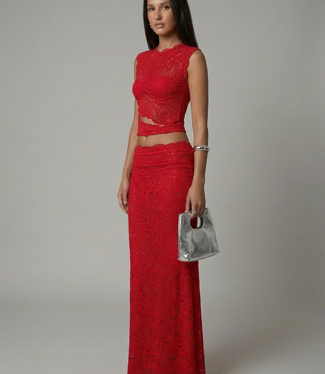 Red lace two-piece formal set with cropped tank top and floor-length skirt