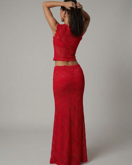 Back view of red lace formal set showing cropped top and maxi skirt silhouette