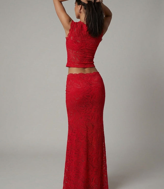 Back view of red lace formal set showing cropped top and maxi skirt silhouette
