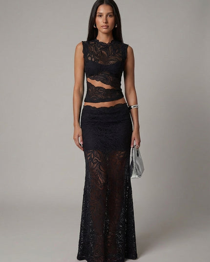Black lace formal two-piece set with sleeveless cropped top and maxi skirt