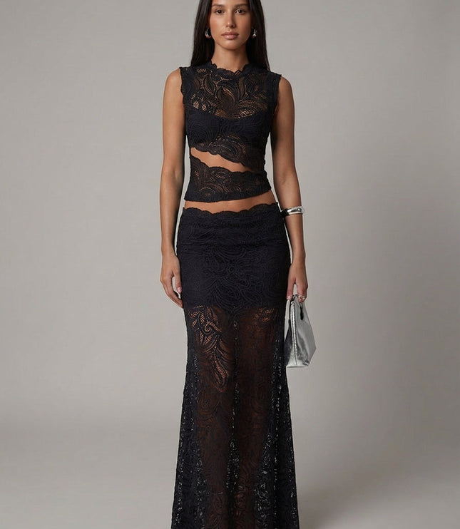 Black lace formal two-piece set with sleeveless cropped top and maxi skirt