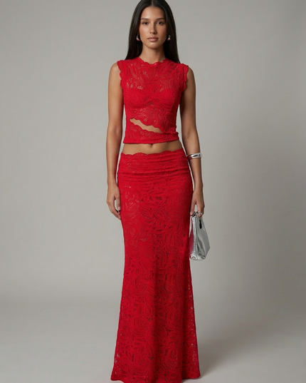 Red lace cropped sleeveless top with cutout detail and matching maxi skirt