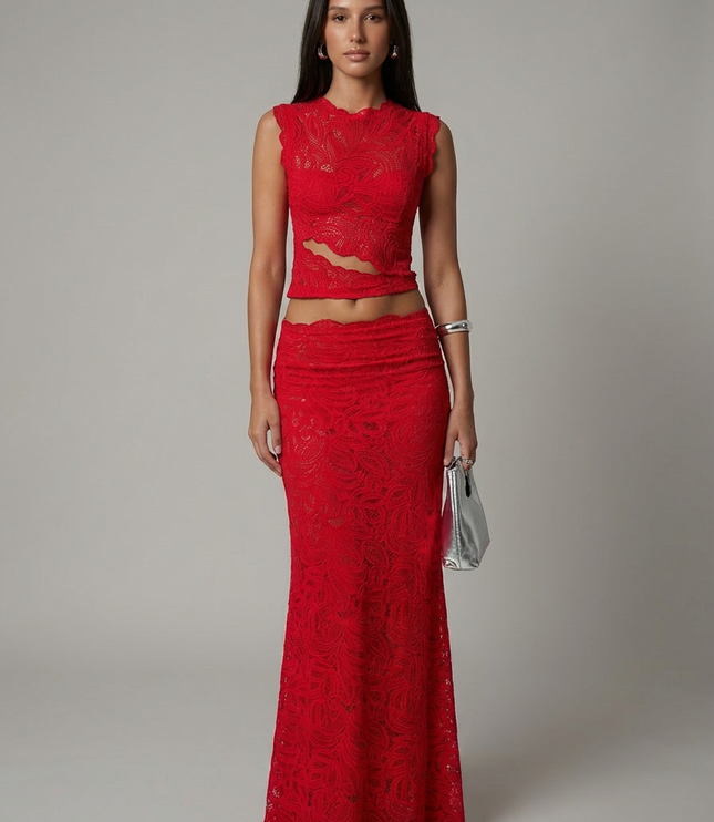 Red lace cropped sleeveless top with cutout detail and matching maxi skirt