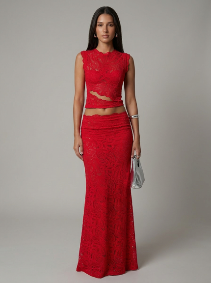 Red lace cropped sleeveless top with cutout detail and matching maxi skirt