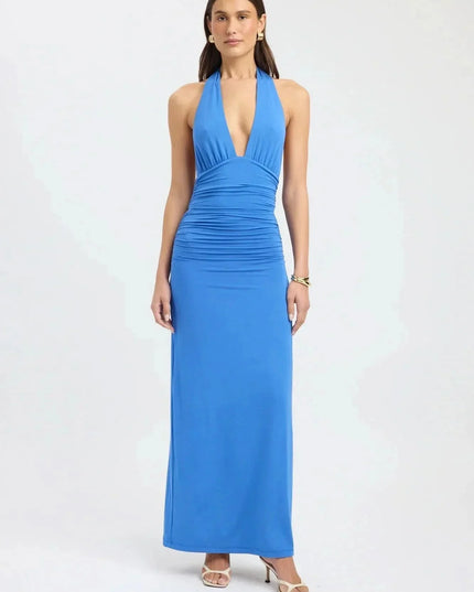 Front view of burgundy formal maxi halter dress with plunging neckline and gathered waist