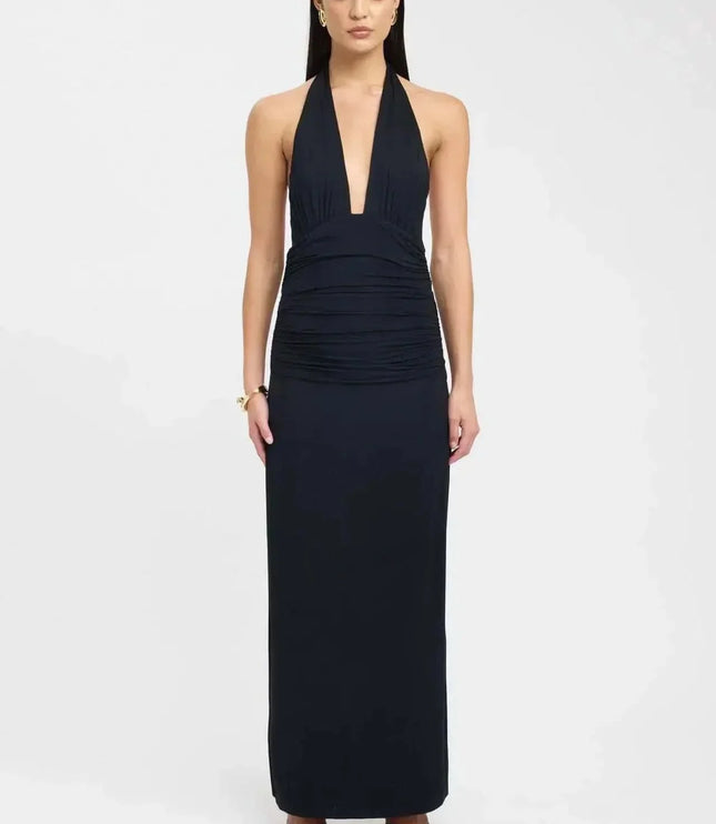 Front view of a black halter top maxi dress with deep plunge neckline and ruched bodice