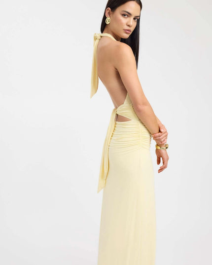 Close front view of a red formal maxi dress with halter top and gathered bodice