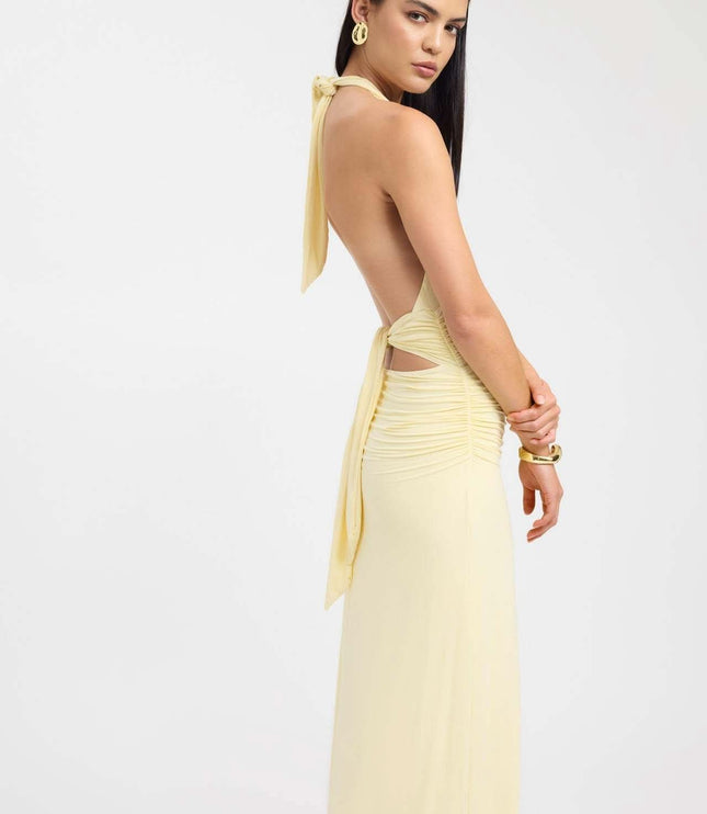 Close front view of a red formal maxi dress with halter top and gathered bodice