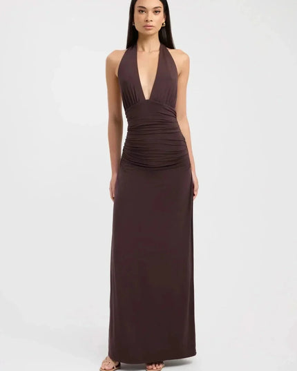 Front view of a dark brown halter maxi dress with deep V neckline and ruched waist