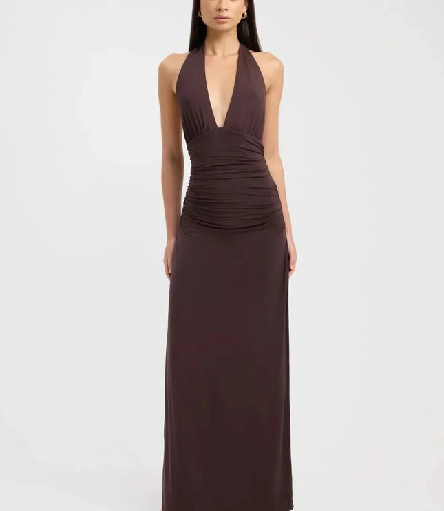 Front view of a dark brown halter maxi dress with deep V neckline and ruched waist