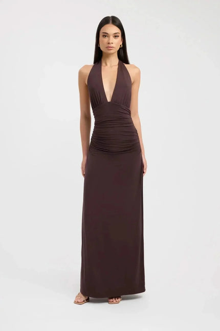 Front view of a dark brown halter maxi dress with deep V neckline and ruched waist
