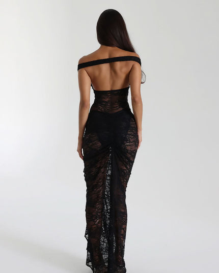 Back view of black off shoulder lace maxi dress with open back and floor length hem
