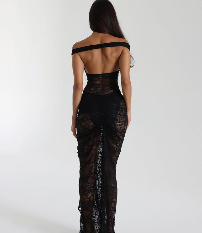 Back view of black off shoulder lace maxi dress with open back and floor length hem