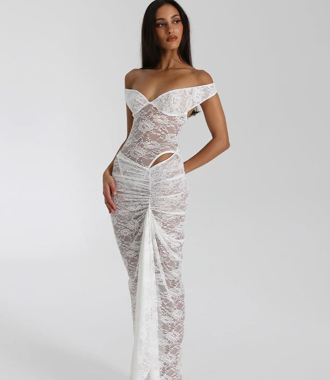Rear view of black lace maxi dress showing off shoulder neckline and sheer back detail