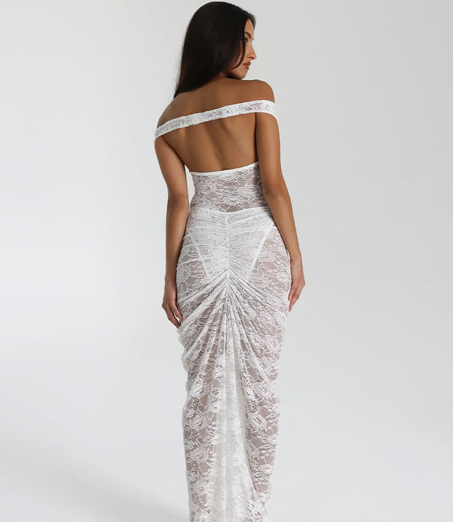 Close-up of black off shoulder lace maxi dress with deep neckline and sheer floral lace