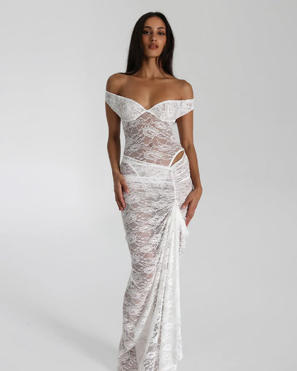 Back view of white off shoulder lace maxi dress with sheer lace fabric and draped skirt