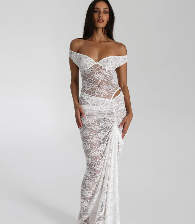 Back view of white off shoulder lace maxi dress with sheer lace fabric and draped skirt