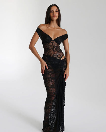 Black off shoulder lace maxi dress with sheer bodice and thigh slit, formal gown