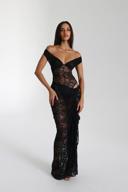 Black off shoulder lace maxi dress with sheer bodice and thigh slit, formal gown