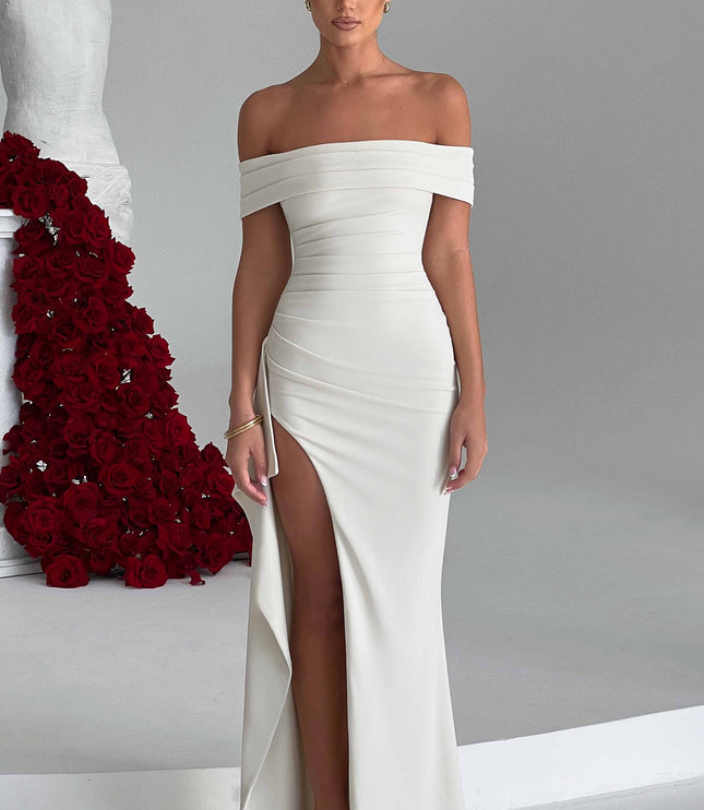 White off shoulder maxi dress with ruched bodice and dramatic thigh slit, front view