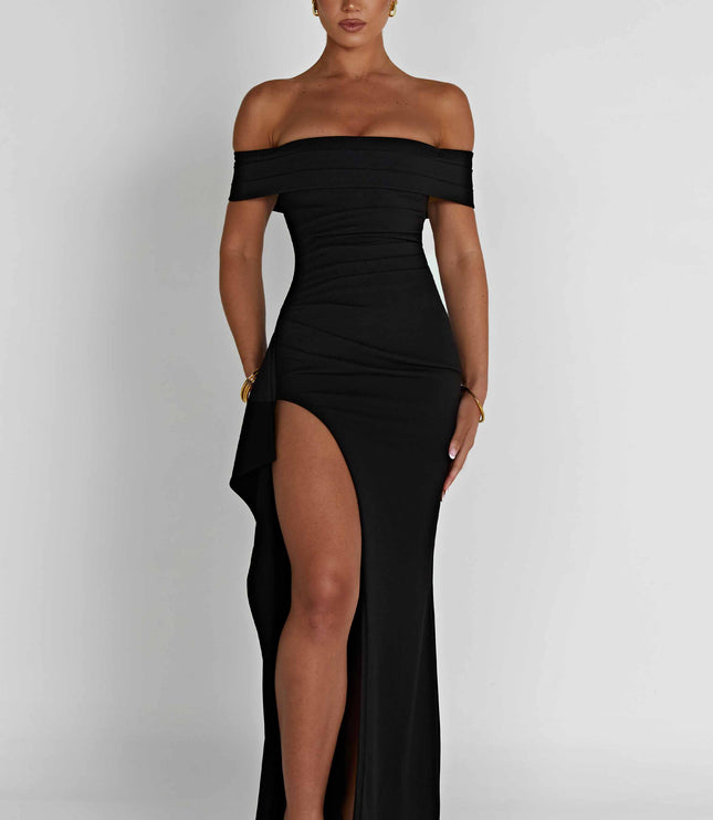 Front view of black off shoulder maxi dress with thigh slit and fitted formal silhouette