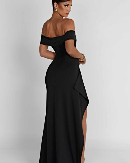 Back view of black off shoulder maxi dress with zip closure and smooth floor length skirt