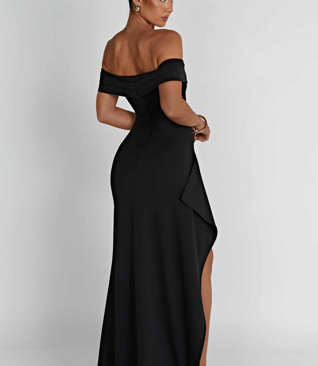 Back view of black off shoulder maxi dress with zip closure and smooth floor length skirt