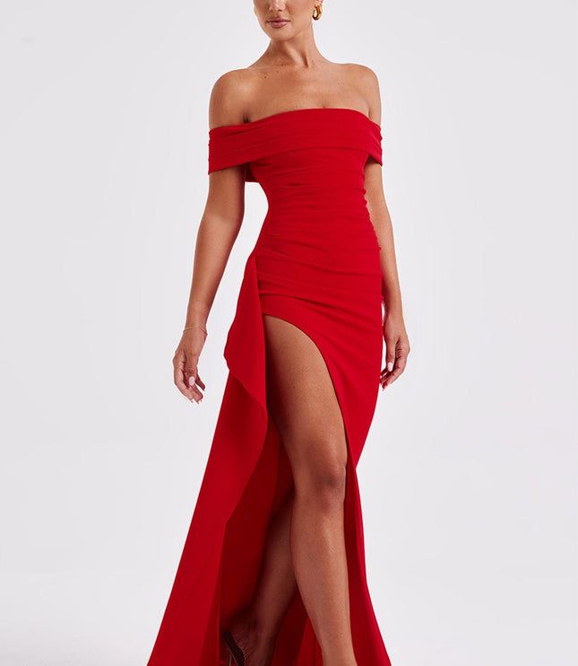 Back view of red off shoulder maxi dress with open neckline, fitted back, and long train