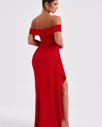 Front view of red off shoulder maxi dress with sleek formal fit and floor length hem