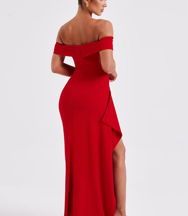 Front view of red off shoulder maxi dress with sleek formal fit and floor length hem