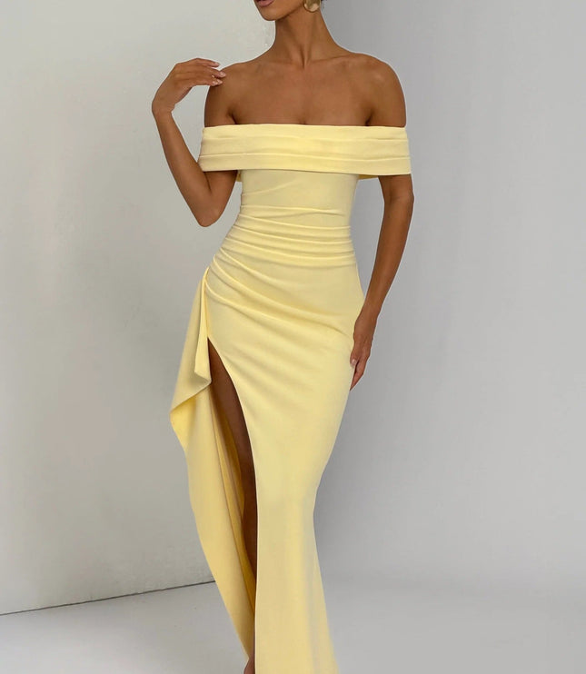 Front view of pale yellow off shoulder maxi dress with flowing chiffon panels and formal gown style
