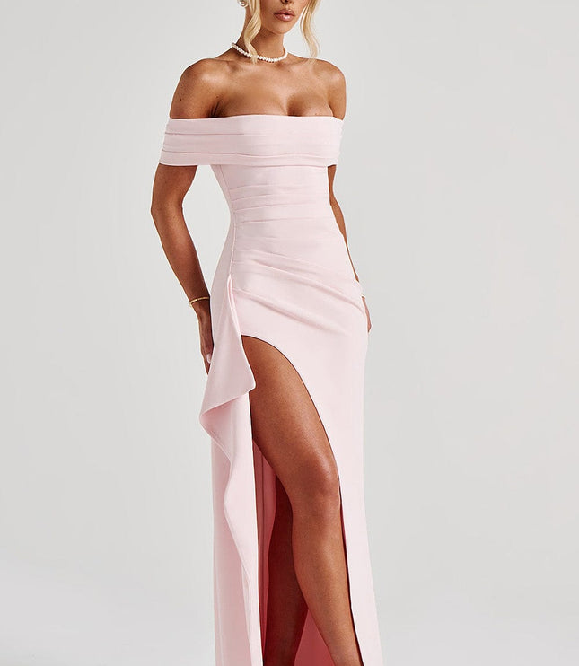 Women's off shoulder formal maxi dress in pale pink with fitted silhouette and side slit