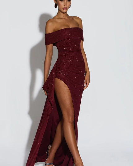 Back view of burgundy formal maxi dress with off shoulder neckline and floor length hem