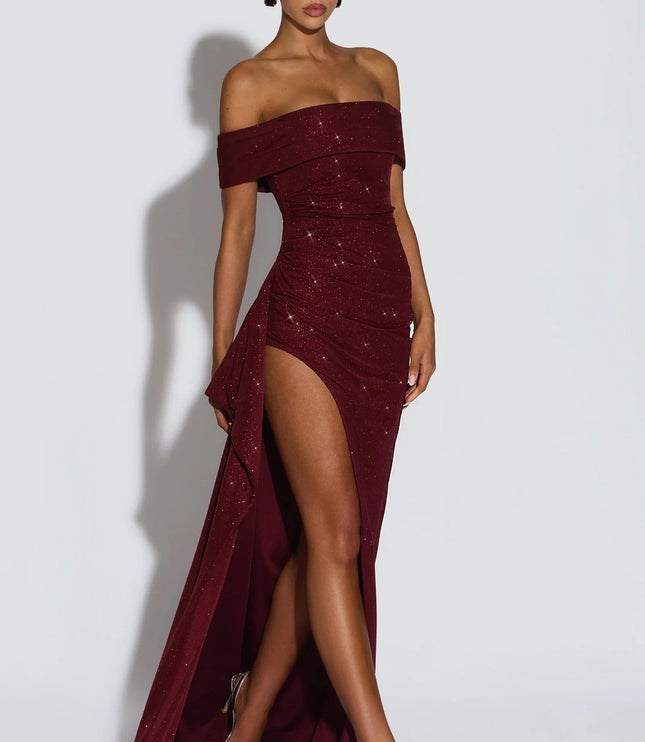 Back view of burgundy formal maxi dress with off shoulder neckline and floor length hem