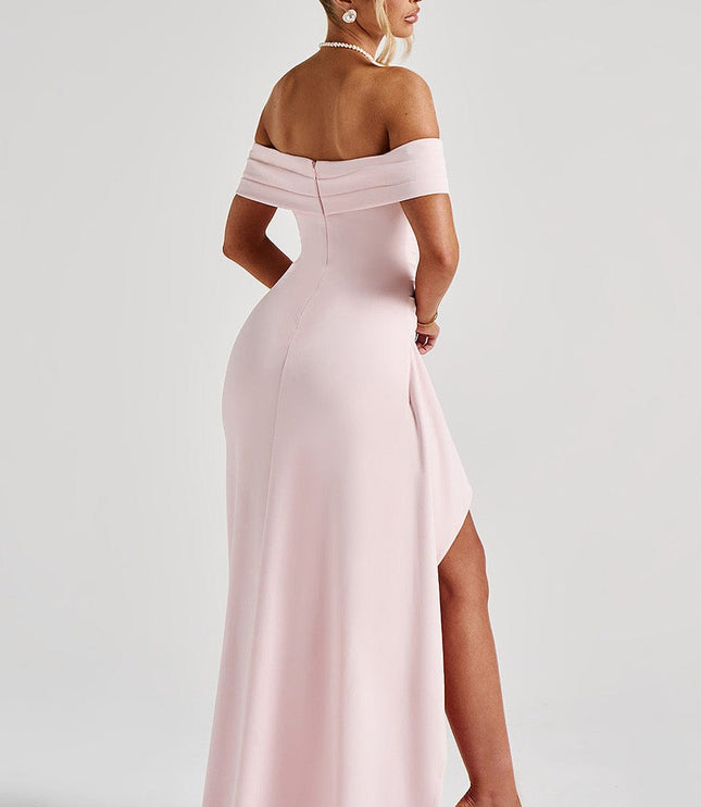 Back view of light pink off shoulder maxi dress with zipper closure and floor-length hem