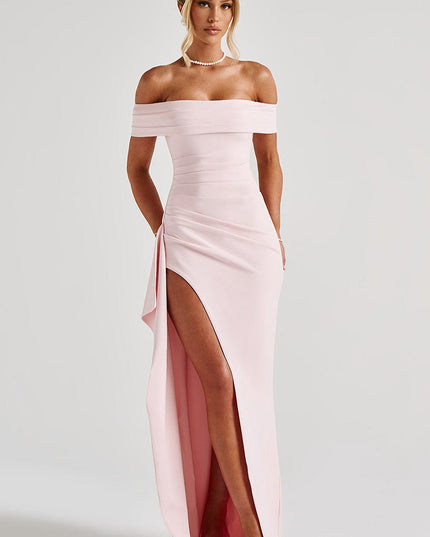 Women's formal off shoulder maxi dress in light pink with high slit and draped skirt
