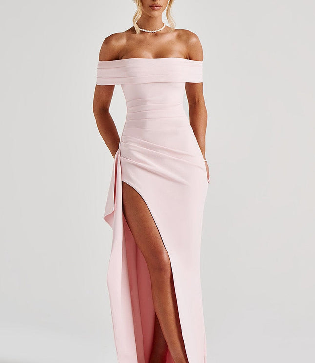 Women's formal off shoulder maxi dress in light pink with high slit and draped skirt