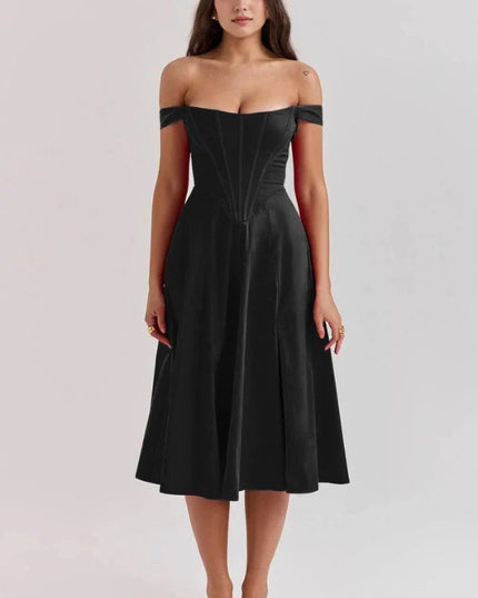 Black off shoulder midi dress with fitted corset bodice and flared skirt