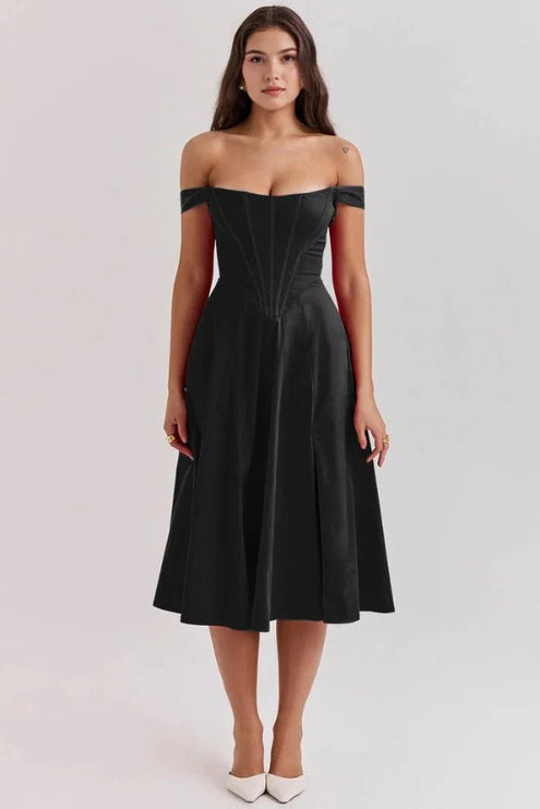 Black off shoulder midi dress with fitted corset bodice and flared skirt